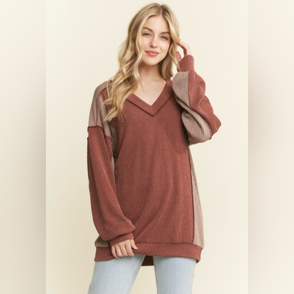 Heimish Rust Long Sleeve Urban Ribbed Color Block Knit Top - Picture 1 of 5